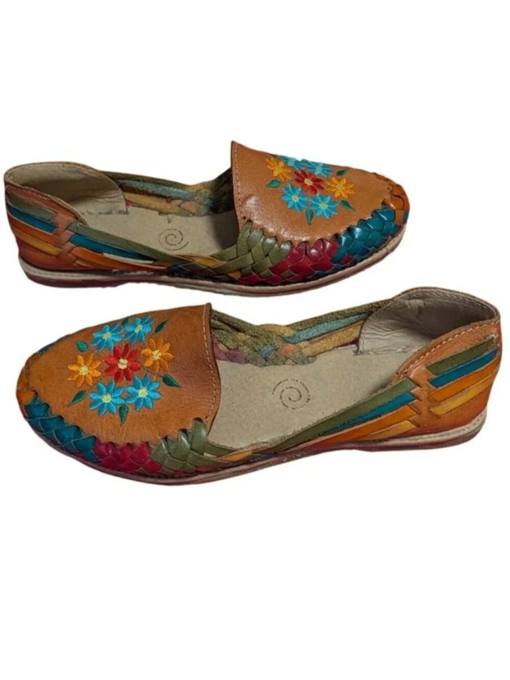 Mexican Huarache Sandals Women‎ 8.5 Woven Leather Floral Embroidered Flats Boho